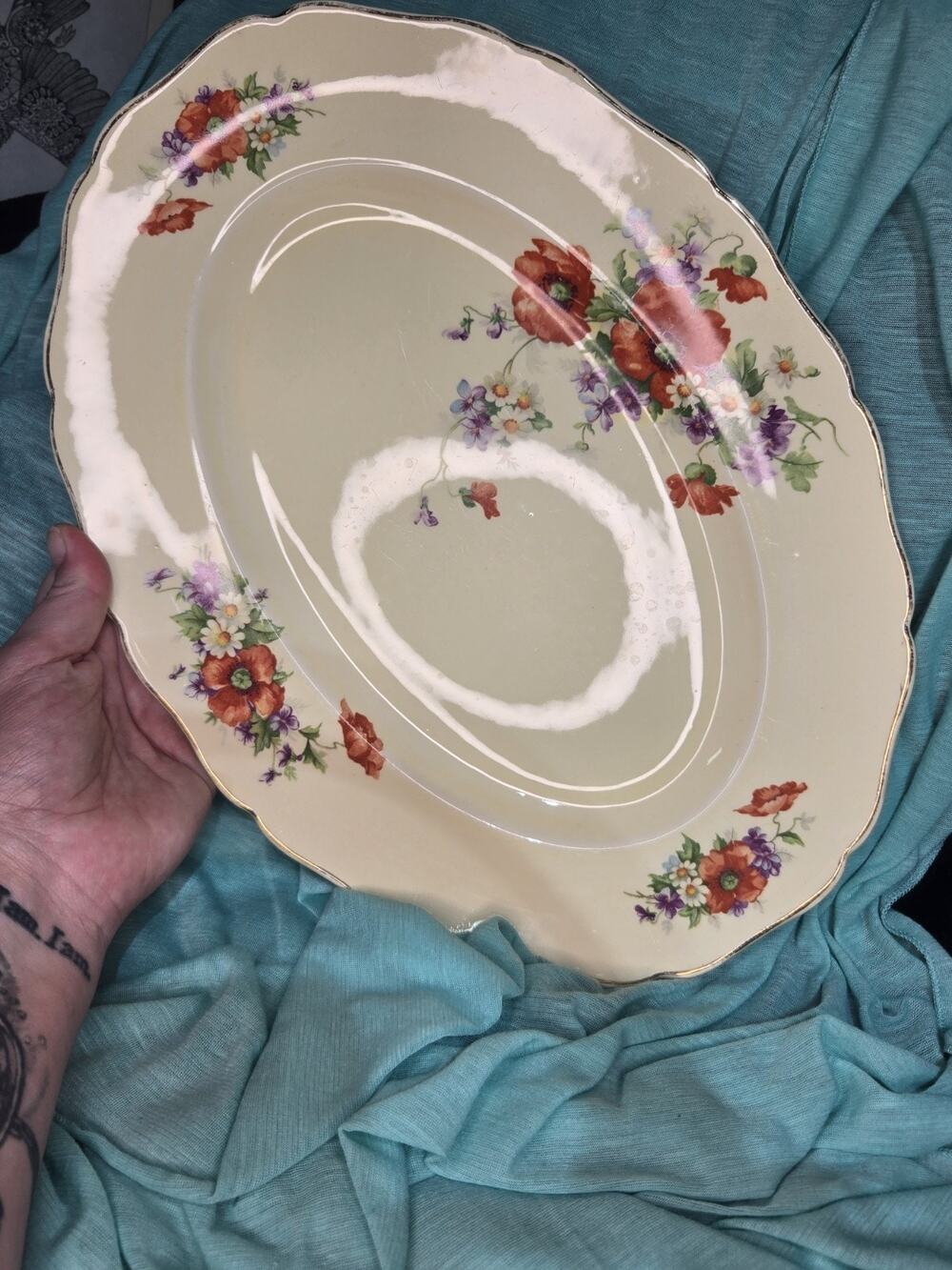 Vintage Canonsburg Pottery Oval Platter Poppy Floral Bouquet Scalloped Gold